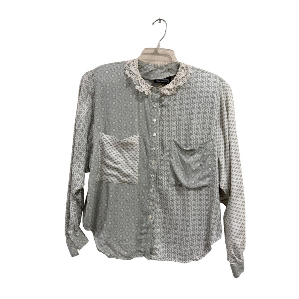 Carole Little Saint-Tropez West Vintage Lace Collar Mixed Print Blouse Green 6